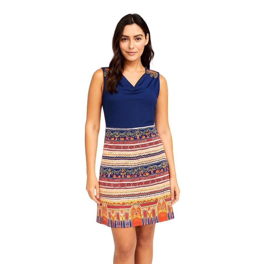Bronz Dress Medium V Cowl Neck Sleeveless Embellished Boho Print Lined Zipper